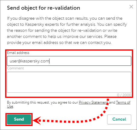 Eingabe der E-Mail-Adresse und Senden einer Datei zur Untersuchung auf Kaspersky Threat Intelligence Portal