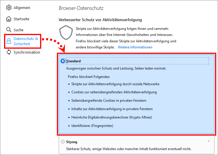Das Fenster „Browser-Datenschutz“ in Mozilla Firefox