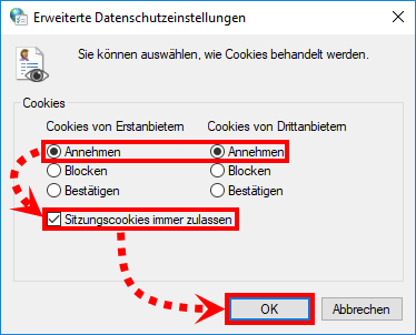 Aktivieren der Verwendung von Cookiedateien in Windows 10