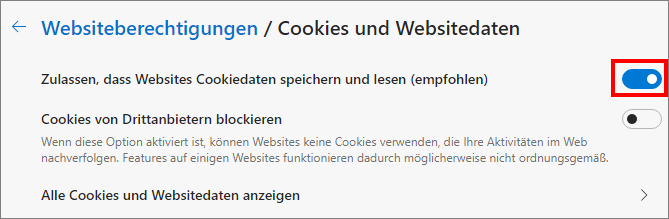 Aktivieren des Schalters „Zulassen, dass Websites Cookiedaten speichern und lesen (empfohlen)“