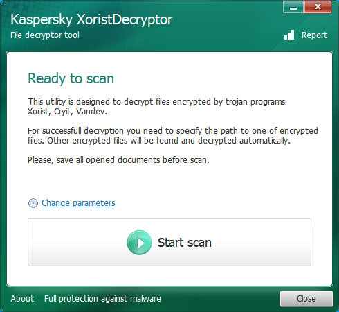 Desinfektion des betroffenen Systems mithilfe von Kaspersky XoristDecryptor.