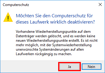 Das Fenster der Bestätigung der Deaktivierung des Computerschutzes in Windows 10