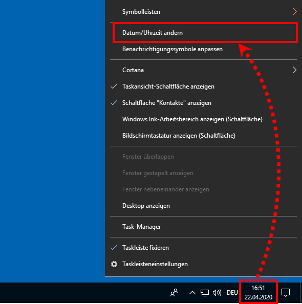 Öffnen der Datum- und Uhrzeit-Einstellungen in Windows 10