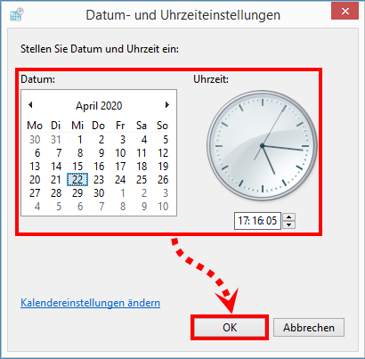 Das Fenster „Datum- und Uhrzeiteinstellungen“ in Windows 8 und Windows 8.1