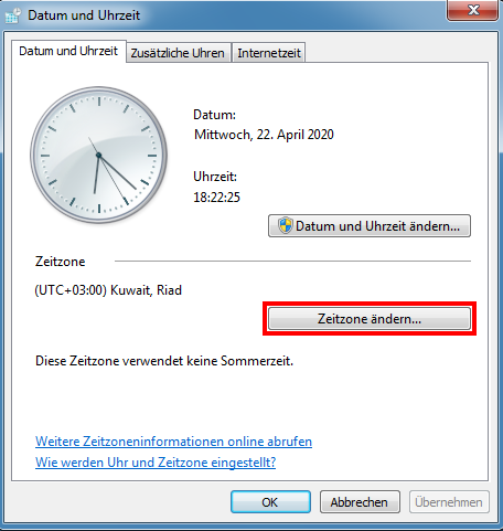 Das Fenster „Datum und Uhrzeit“ in Windows Vista und Windows 7