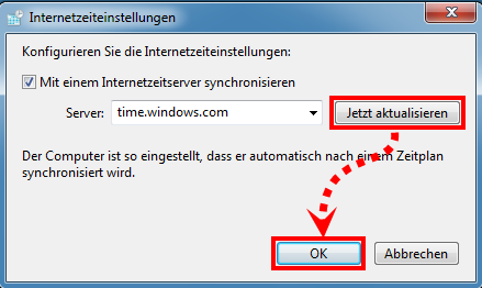 Das Fenster „Internetzeiteinstellungen“ in Windows Vista und Windows 7
