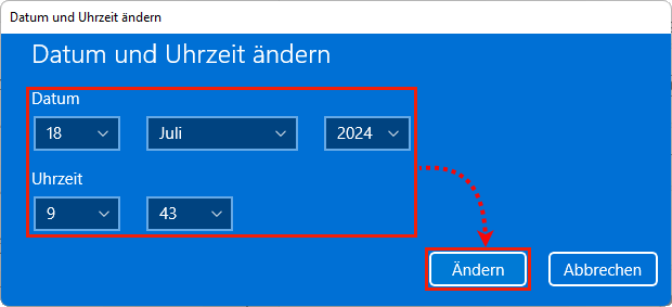Das Fenster „Datum und Zeit“ in Windows 11
