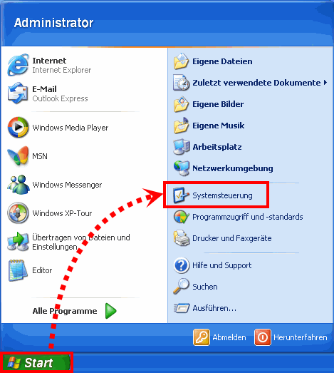 Öffnen der Systemsteuerung in Windows XP