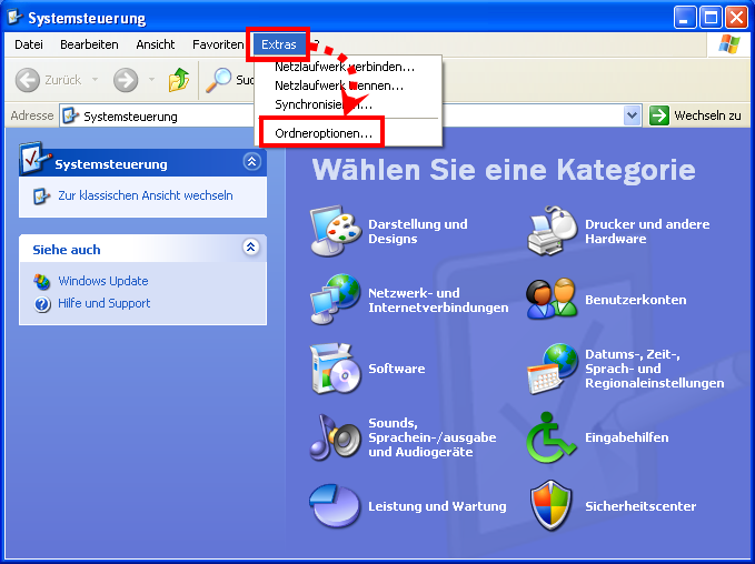 Öffnen der Ordneroptionen in der Systemsteuerung in Windows XP