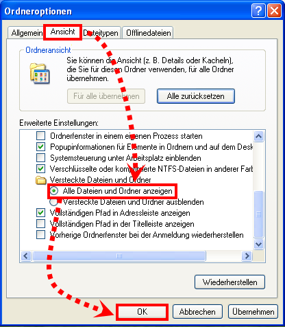 Anpassen der Anzeige ausgeblendeter Elemente in Windows XP
