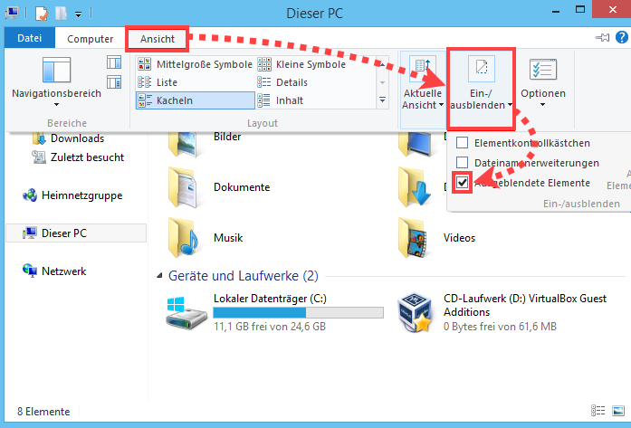 Anpassen der Anzeige ausgeblendeter Elemente in Windows 8 und Windows 8.1