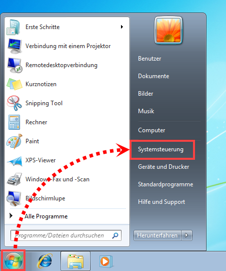 Öffnen der Systemsteuerung in Windows 7