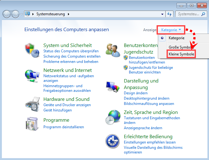 Anpassen der Anzeige von Symbolen in der Systemsteuerung in Windows 7