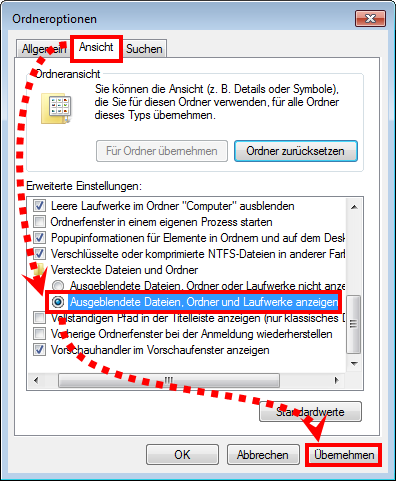 Anpassen der Anzeige ausgeblendeter Elemente in Windows 7