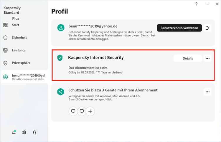 Informationen über das Abonnement im Abschnitt „Profil“ im Kaspersky-Programm