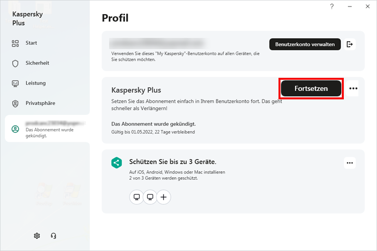 Die Schaltfläche „Fortsetzen“ im Fenster „Profil“ in der Kaspersky-App
