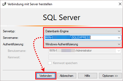 Auswahl des Servers im SQL Server Management Studio.