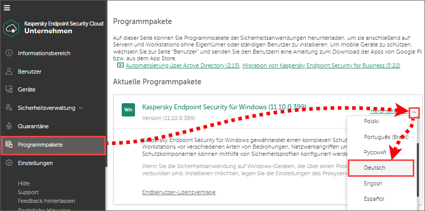 Auswahl eines Sprachpakets für das Programmpaket in Kaspersky Endpoint Security Cloud