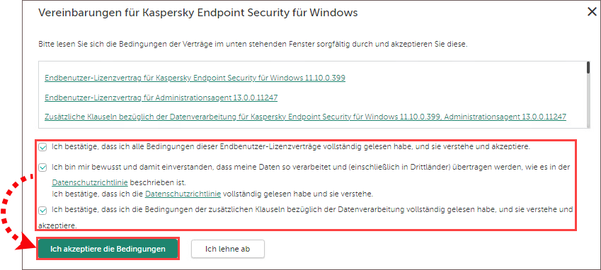 Das Fenster „Vereinbarungen für Kaspersky Endpoint Security für Windows“