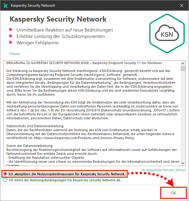 Das Fenster mit der Erklärung zu Kaspersky Security Network