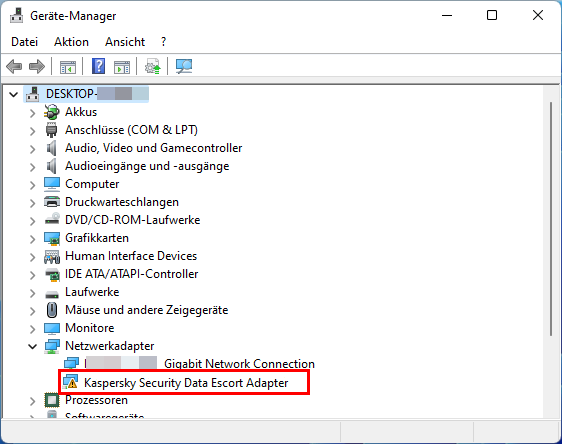Netzwerkadapter Kaspersky Data Escort Adapter #2 im Geräte-Manager