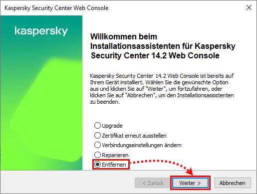 Deinstallation der Kaspersky Security Center Web Console mithilfe des Installationsassistenten.