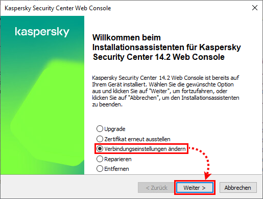 Ändern der Verbindungseinstellungen für die Kaspersky Security Center Web Console über den Installationsassistenten.