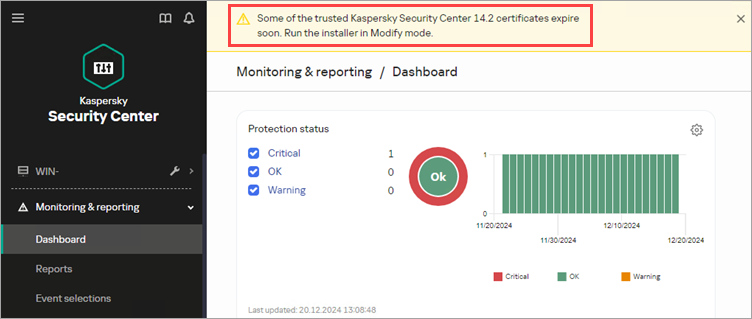 Benutzeroberfläche der Kaspersky Security Center Web Console mit der Warnmeldung, dass das vertrauenswürdige Zertifikat ersetzt werden muss.
