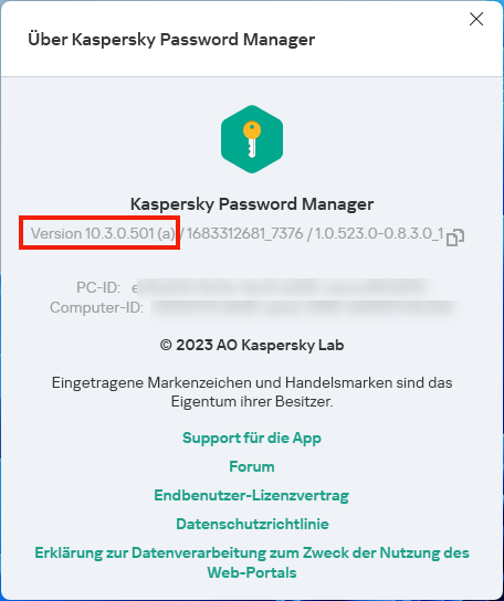 Prüfen der Version von Kaspersky Password Manager für Windows