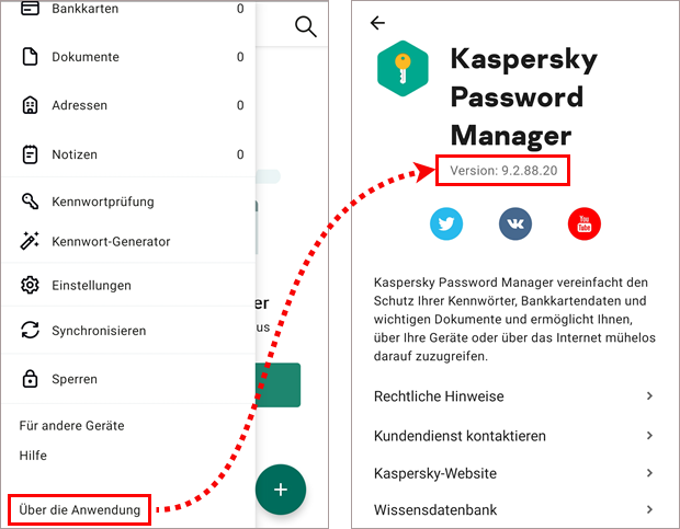 Prüfen der Version von Kaspersky Password Manager für Android