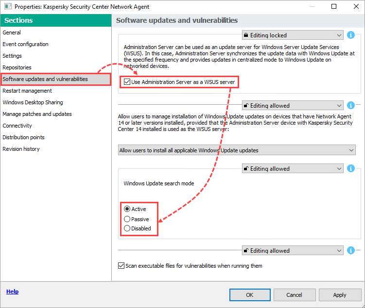 Configuring the Windows Update search.