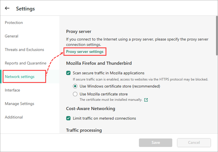 The Settings window in a Kaspersky application