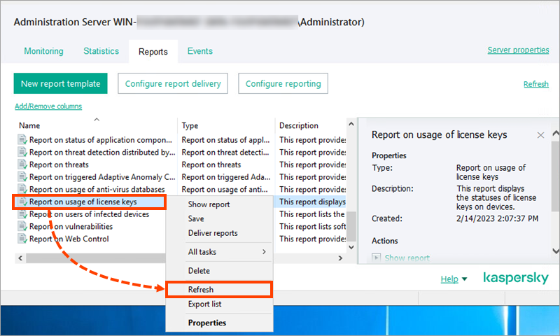 Refreshing the report on usage of license keys in Kaspersky Security Center.