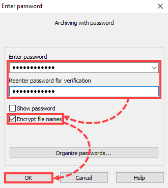 Setting a password and encryption for the archive.