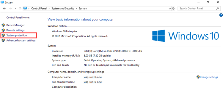 Opening the system properties in Windows 10.