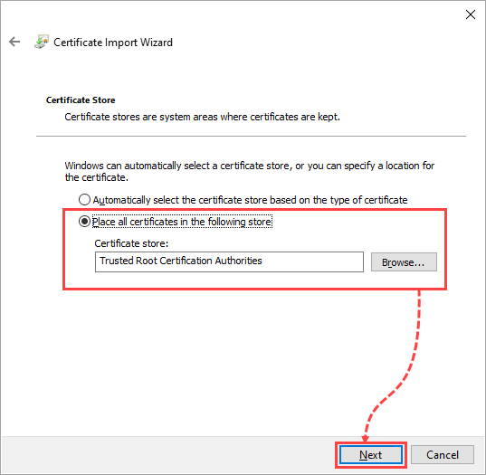 Selecting the storage for the DigiCert Assured ID Root CA certificate in the Certificate Import Wizard window.