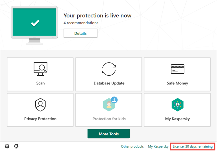 Opening the Licensing window in a Kaspersky application