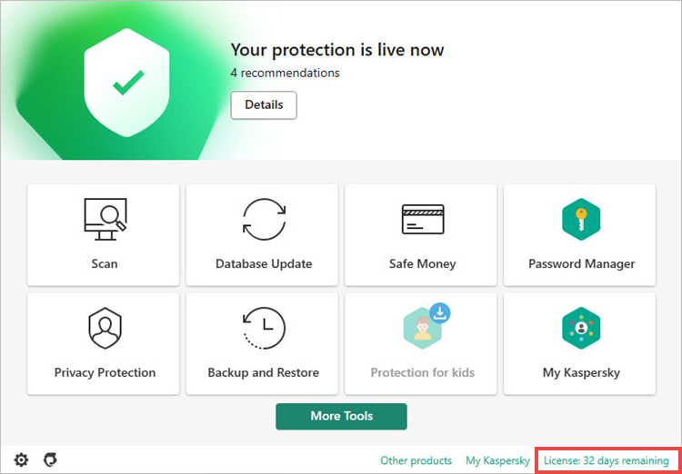 Opening the Licensing window in a Kaspersky application