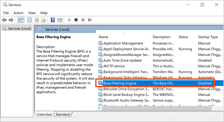 Error “Base Filtering Engine is missing on the computer”