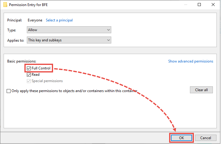 The Permission entry for BFE window with Full Control selected