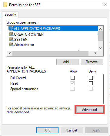 BFE service permissions