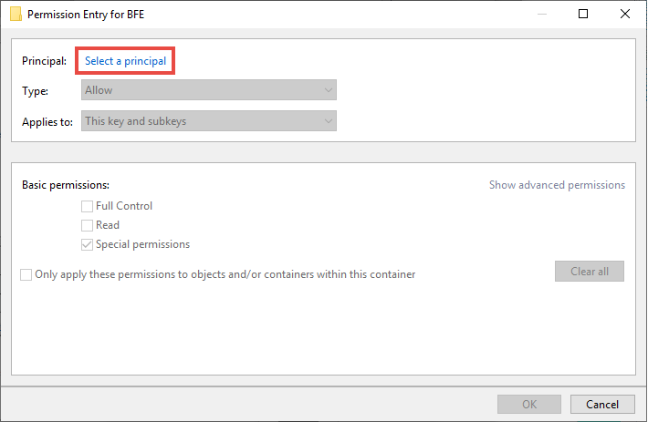 The Permission entry for BFE window with the Select a principal link