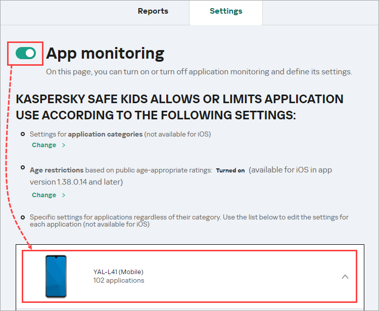 Selecting the child’s device to configure restrictions.