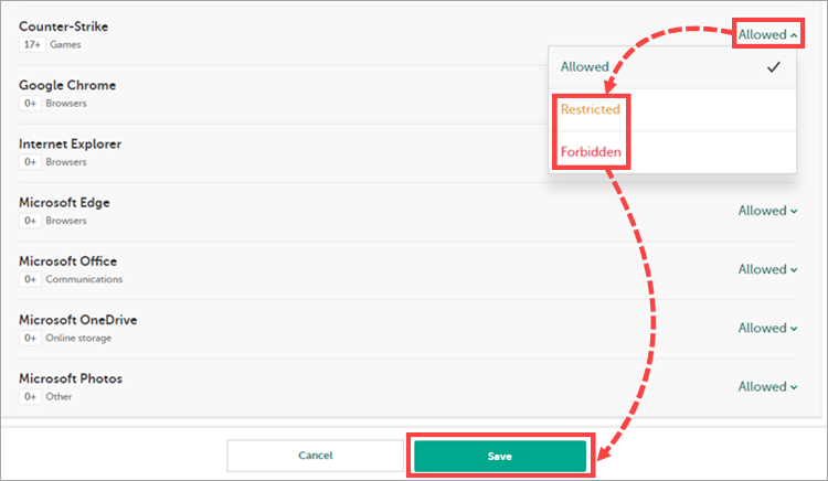 Changing the access settings for a game app through My Kaspersky.