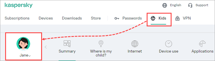 Opening the child’s profile in the My Kaspersky account.