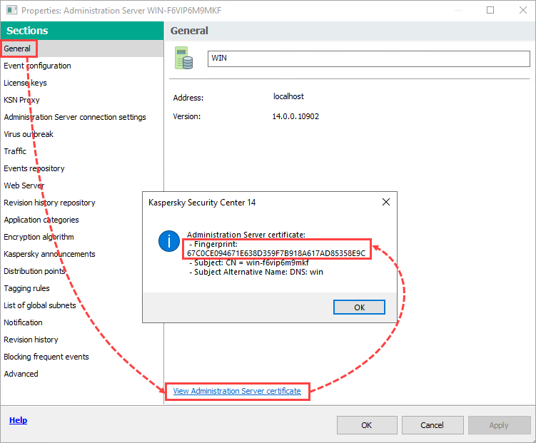 Checking the fingerprint of the Administration Server certificate.