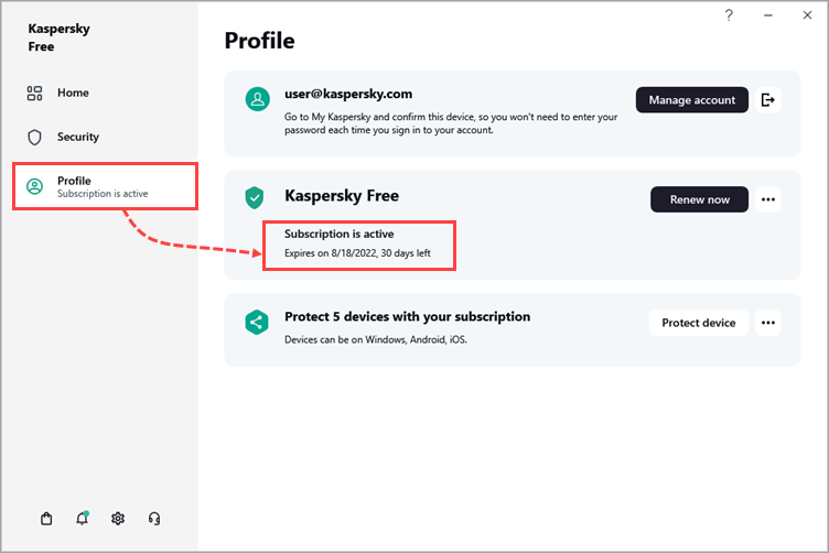 The Licensing window of Kaspersky Free