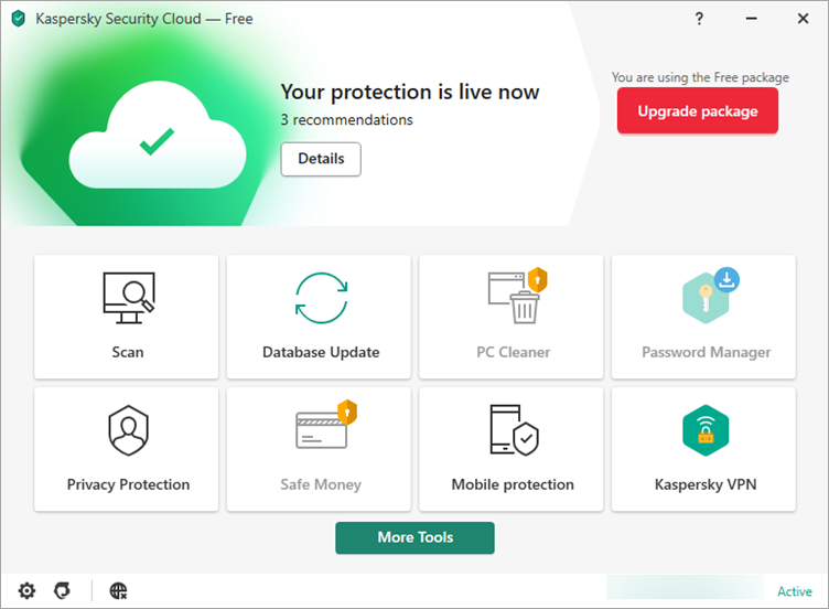 Main window of Kaspersky Security Cloud — Free