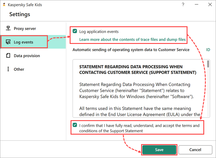 Enabling tracing in Kaspersky Safe Kids for Windows.