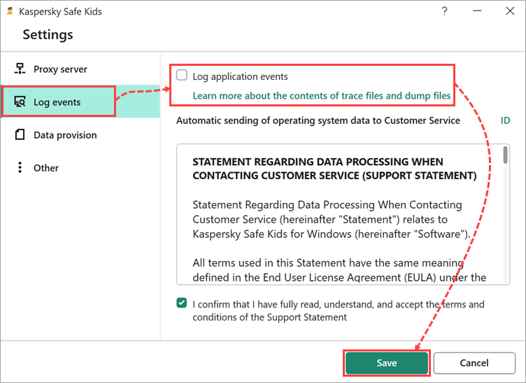 Disabling tracing in Kaspersky Safe Kids for Windows.